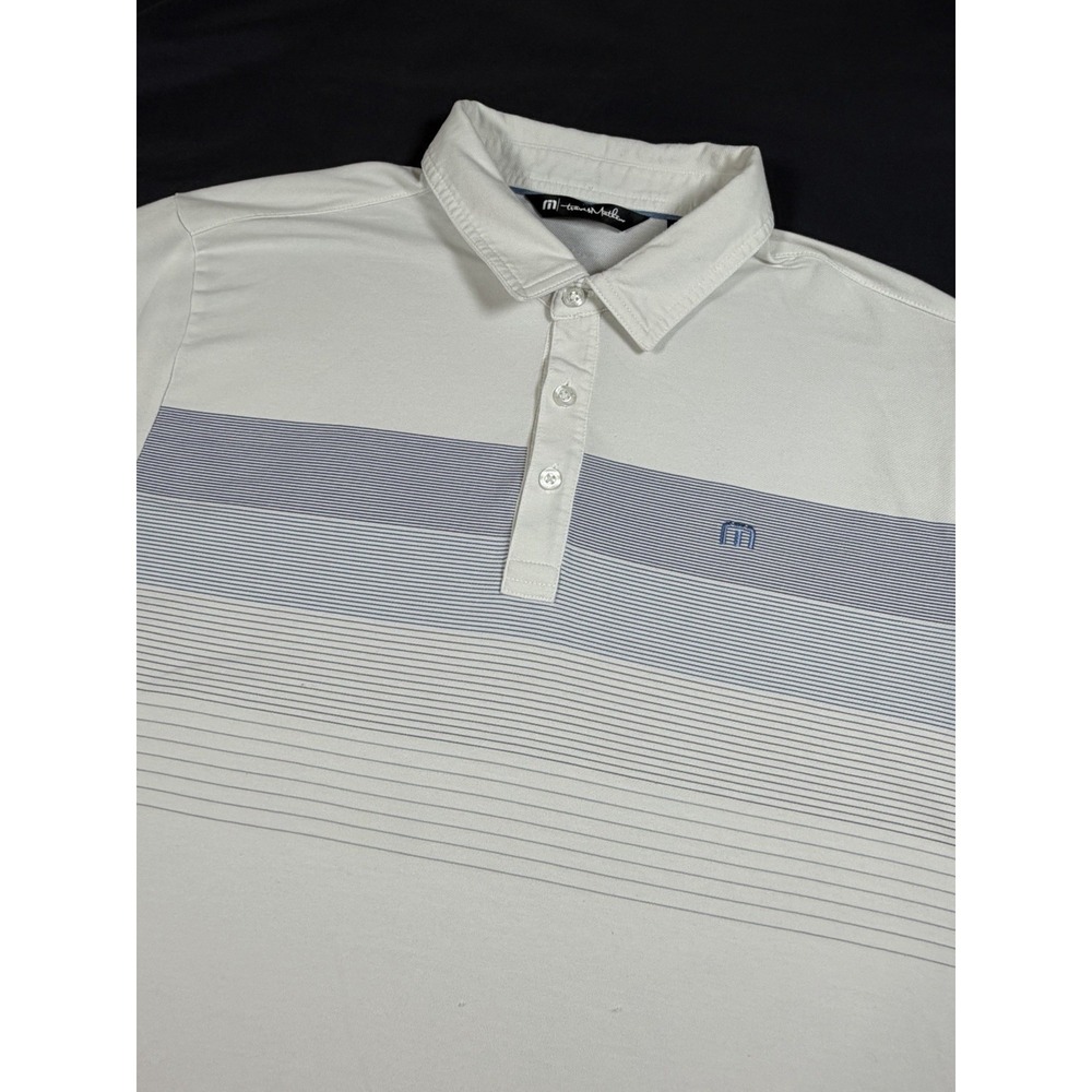 Travis Mathew Mens Large White Blue Chest Stripe Pima Cotton Golf Polo Shirt